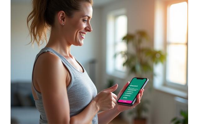 Woman in her late 30s celebrating a fitness milestone, with an app screen overlay showing progress bars and a congratulatory message