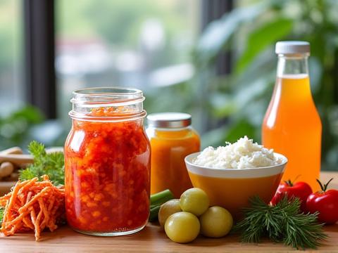 A vibrant assortment of locally sourced fermented foods, including colorful kimchi, bubbling kombucha, and creamy kefir, with a subtle Portland city background.
