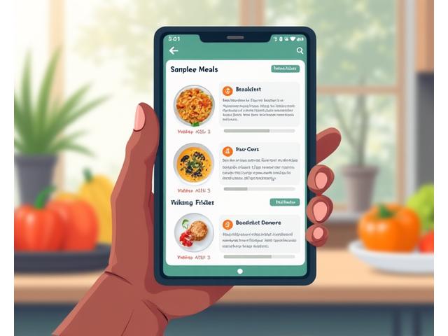 Illustration of a dynamic meal planning app interface on a tablet, showing customizable breakfast, lunch, and dinner options with local Portland ingredients and dietary filter selections.
